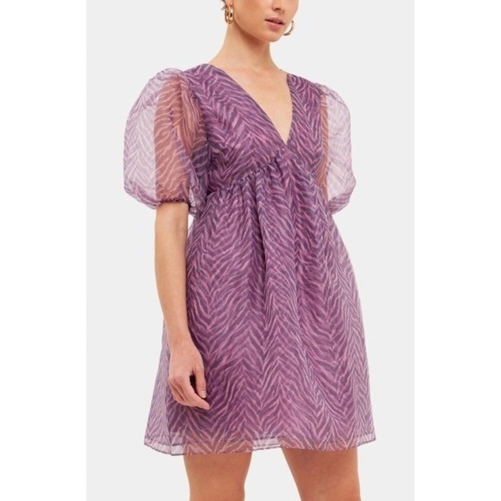 Endless Rose Ella Organza Babydoll Mini Dress Women Medium Purple Zebra Print